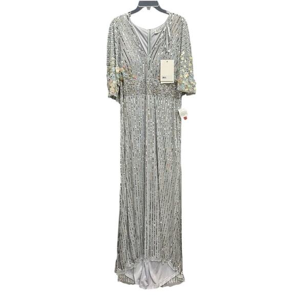 Mac Duggal 5221 Sequins Floral Embellished Cape Sleeves Platinum Gown 12 NWT - Picture 6 of 11